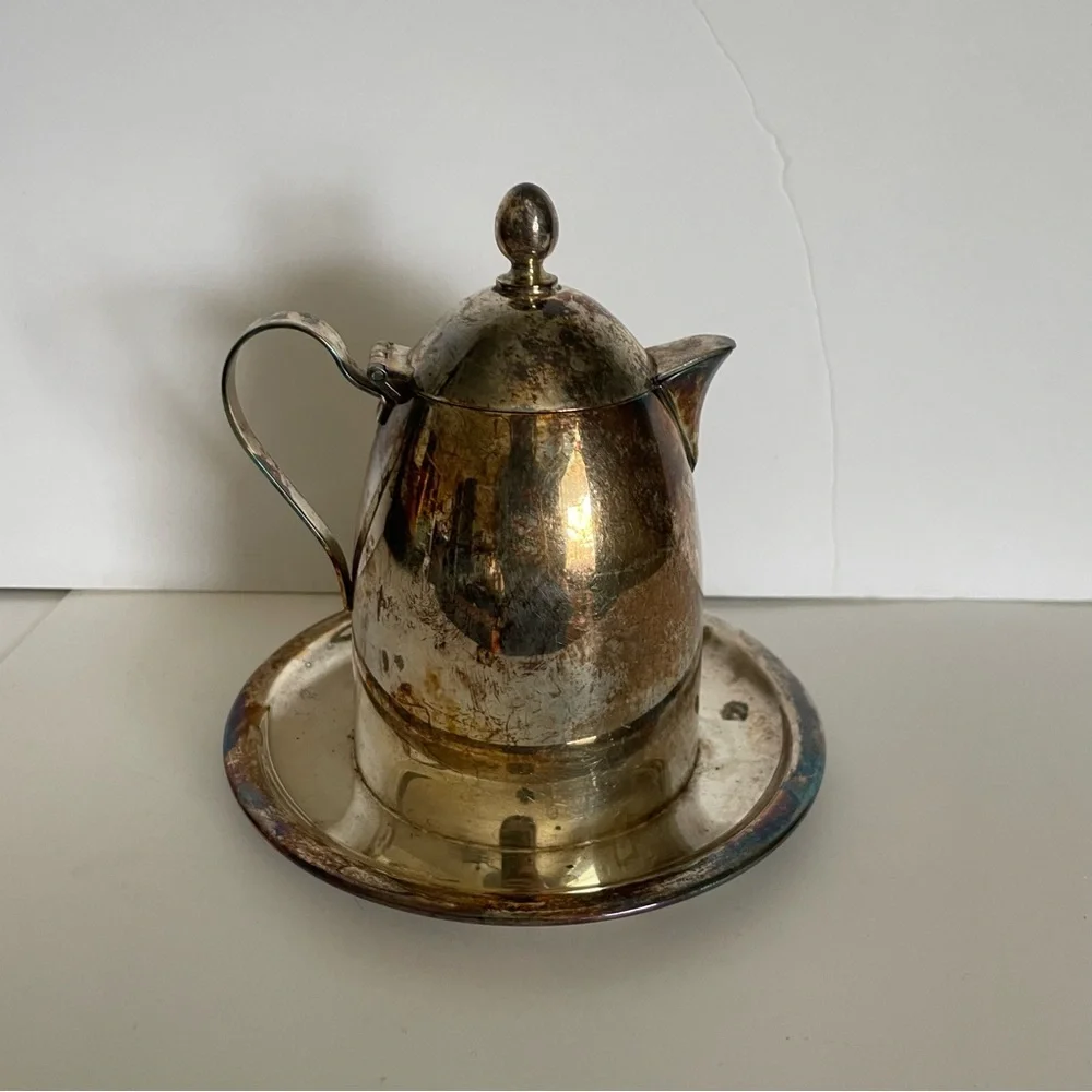 Apollo EPC Vintage Silverplate Silver Patina Cream Pot Attached Saucer Plate